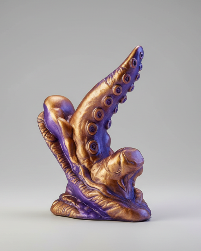 Purple and gold octopus figurine on a gray background