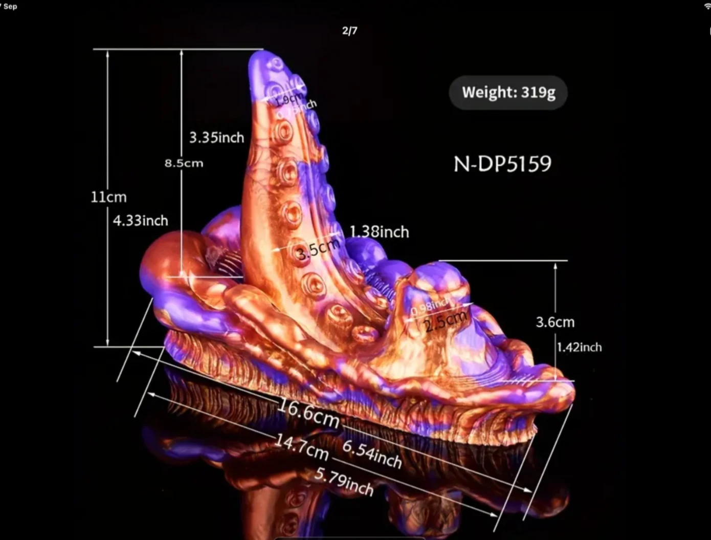 Decorative item with measurements and weight displayed on a black background