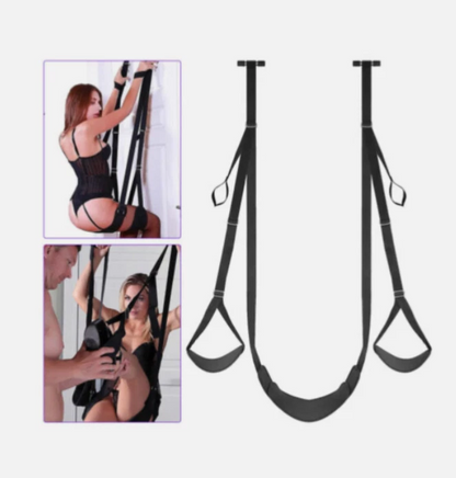 Black suspension straps with inset images of a person using them.