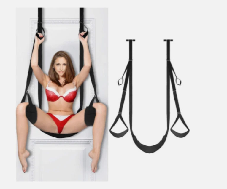 Woman using a suspension training device with black straps on a white background