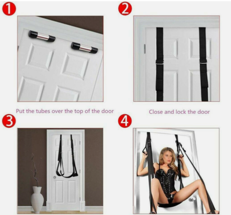 Step-by-step guide on how to use a door restraint system with images of installation and usage.
