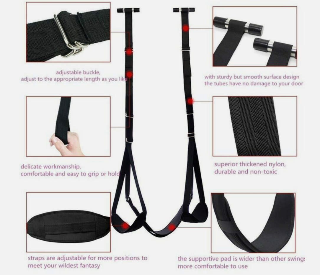 Black swing strap with adjustable buckle and support pad, shown with close-up details on a white background.