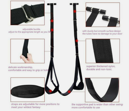 Black swing strap with adjustable buckle and support pad, shown with close-up details on a white background.