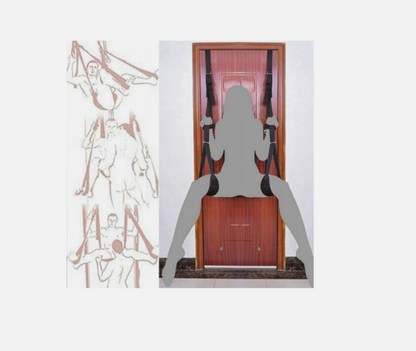 Silhouette of a person using a door frame exercise machine with a diagram on the left.