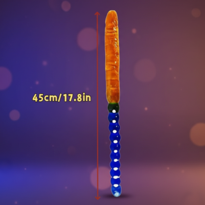 Illustration of a cylindrical object with blue and white segments and an orange top, against a purple background.