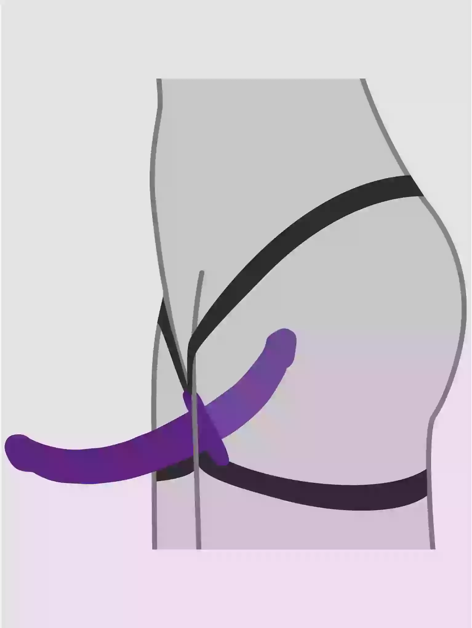 Illustration of a person wearing a girdle with a purple object attached, on a light gray background.