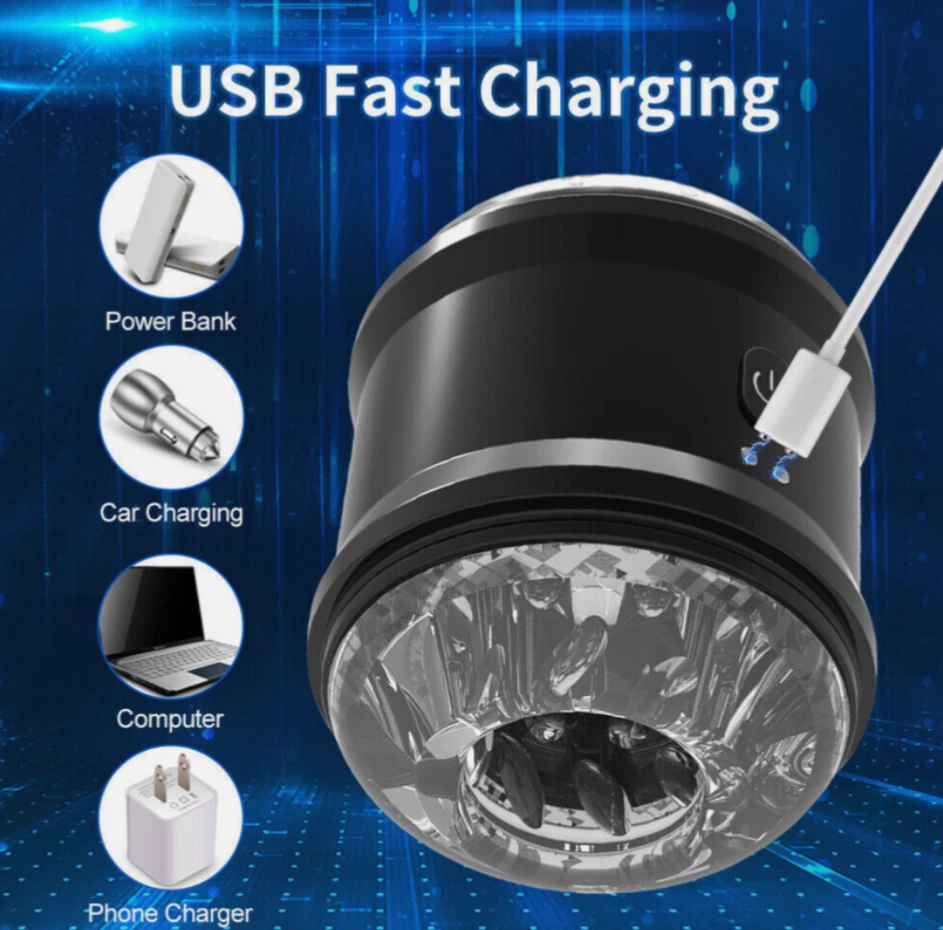 USB fast charging adapter with power bank, car charging, computer, and phone charger icons on a blue background.