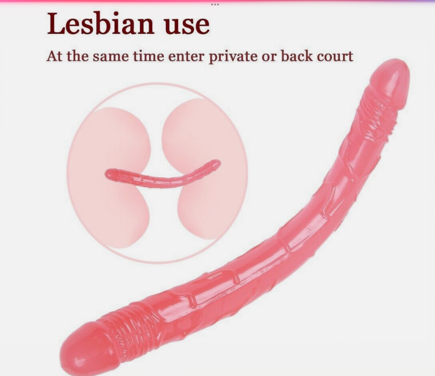 Pink flexible tube with text about lesbian use on a white background