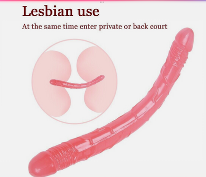 Pink flexible tube with text about lesbian use on a white background