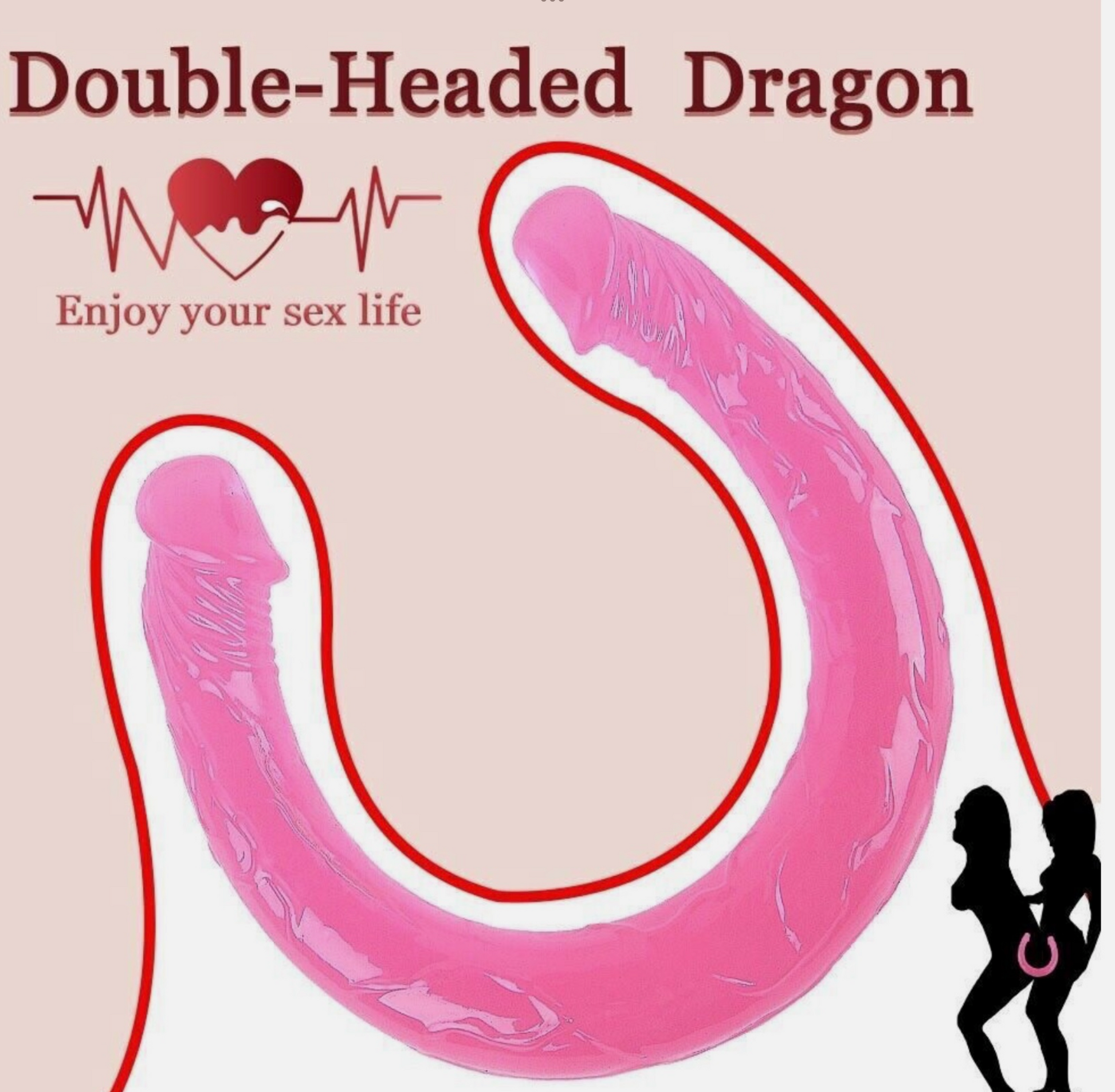 Pink double-headed dragon-shaped object with text on a beige background