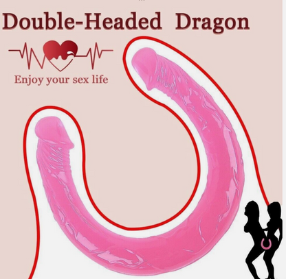 Pink double-headed dragon-shaped object with text on a beige background