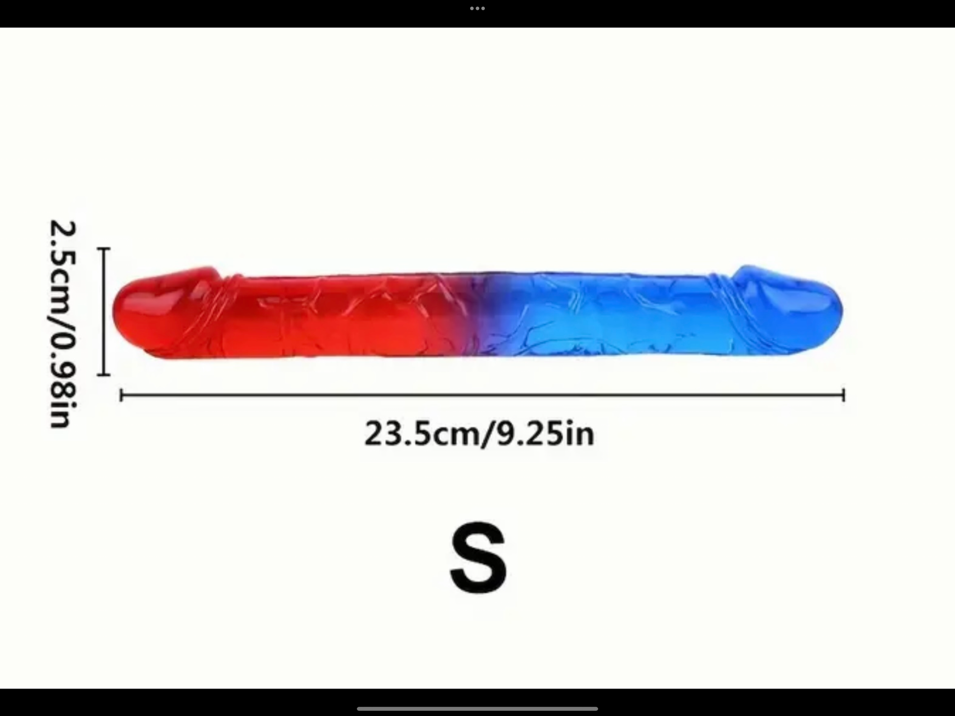 Red and blue cylindrical object with measurements on a white background
