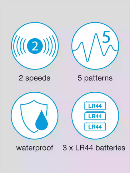 Product features including 2 speeds, 5 patterns, waterproof rating, and LR44 batteries on a light gray background.