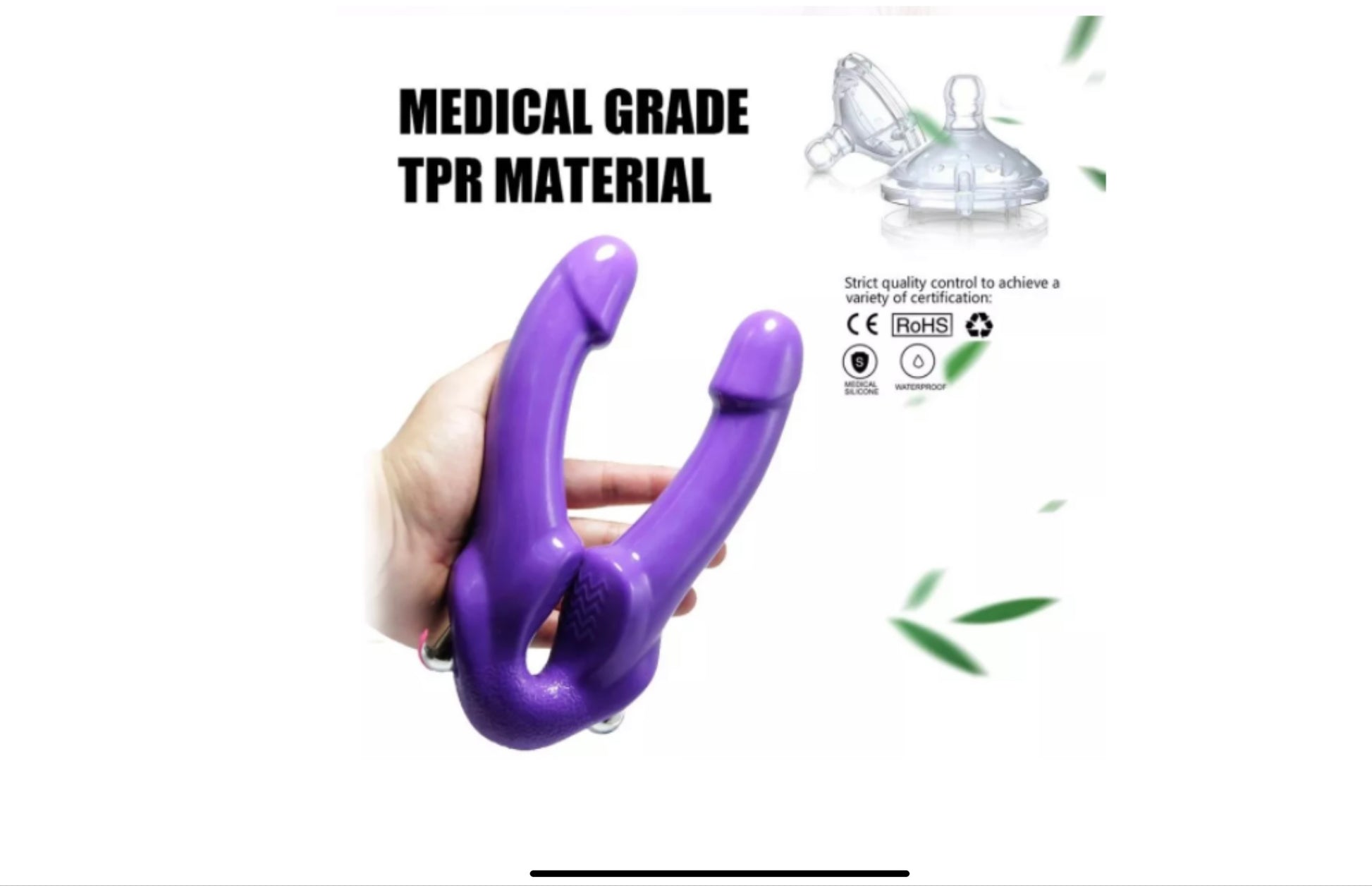 Purple medical-grade TPR material product held by a hand with text on a white background
