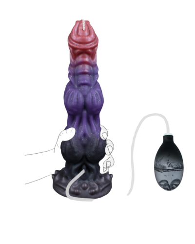 Purple and red silicone butt plug with remote control on a white background