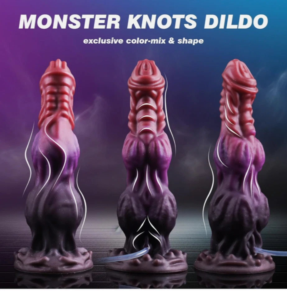 Three purple and red 'Monster Knots Dildo' products on a dark background with text.