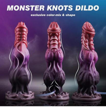 Three purple and red 'Monster Knots Dildo' products on a dark background with text.