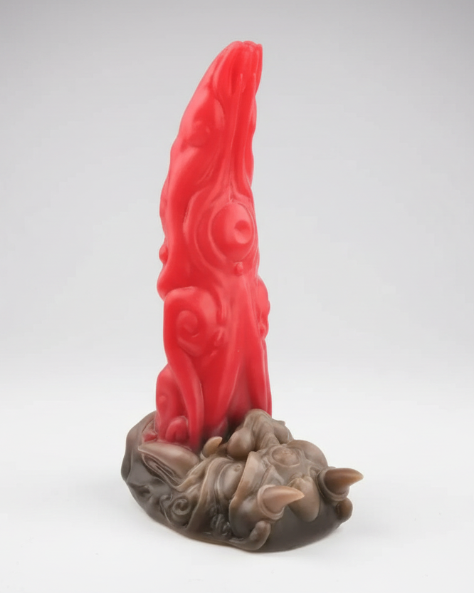 Red candle on a decorative stand with a white background