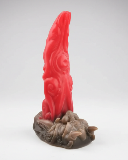 Red candle on a decorative stand with a white background