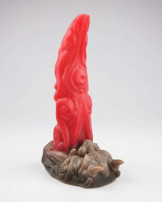 Red candle on a decorative stand with a white background