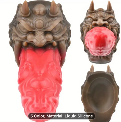 Decorative dragon head with red tongue and liquid silicone material text