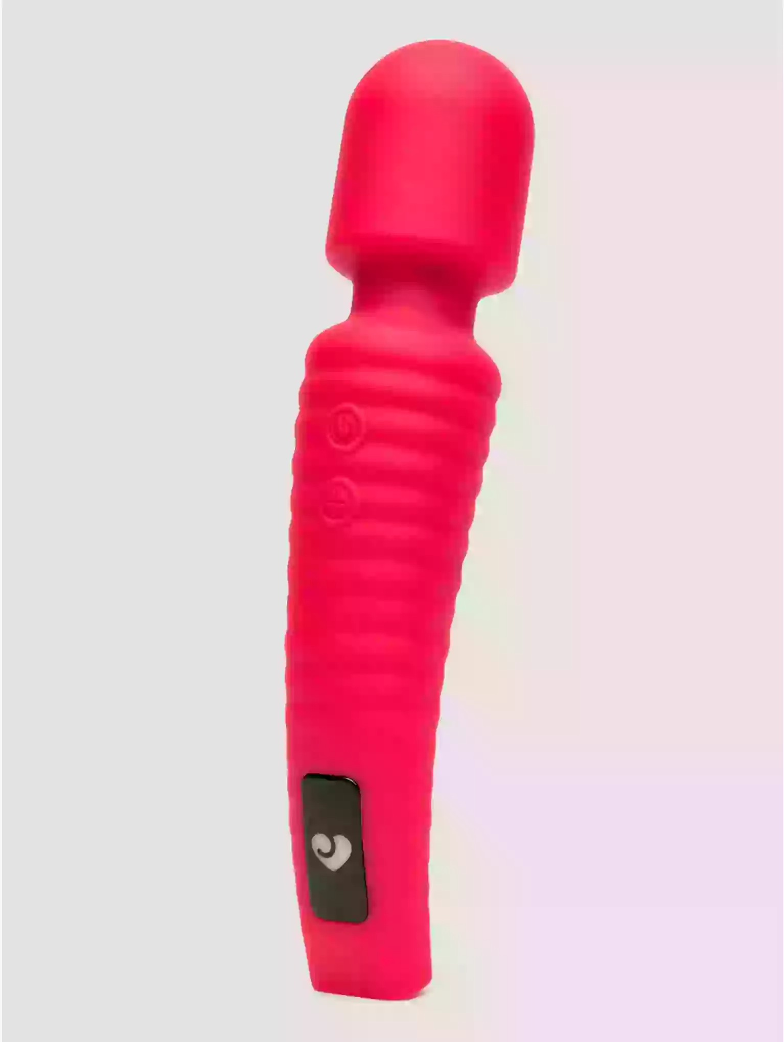 Pink silicone wand with a heart logo on a gradient background