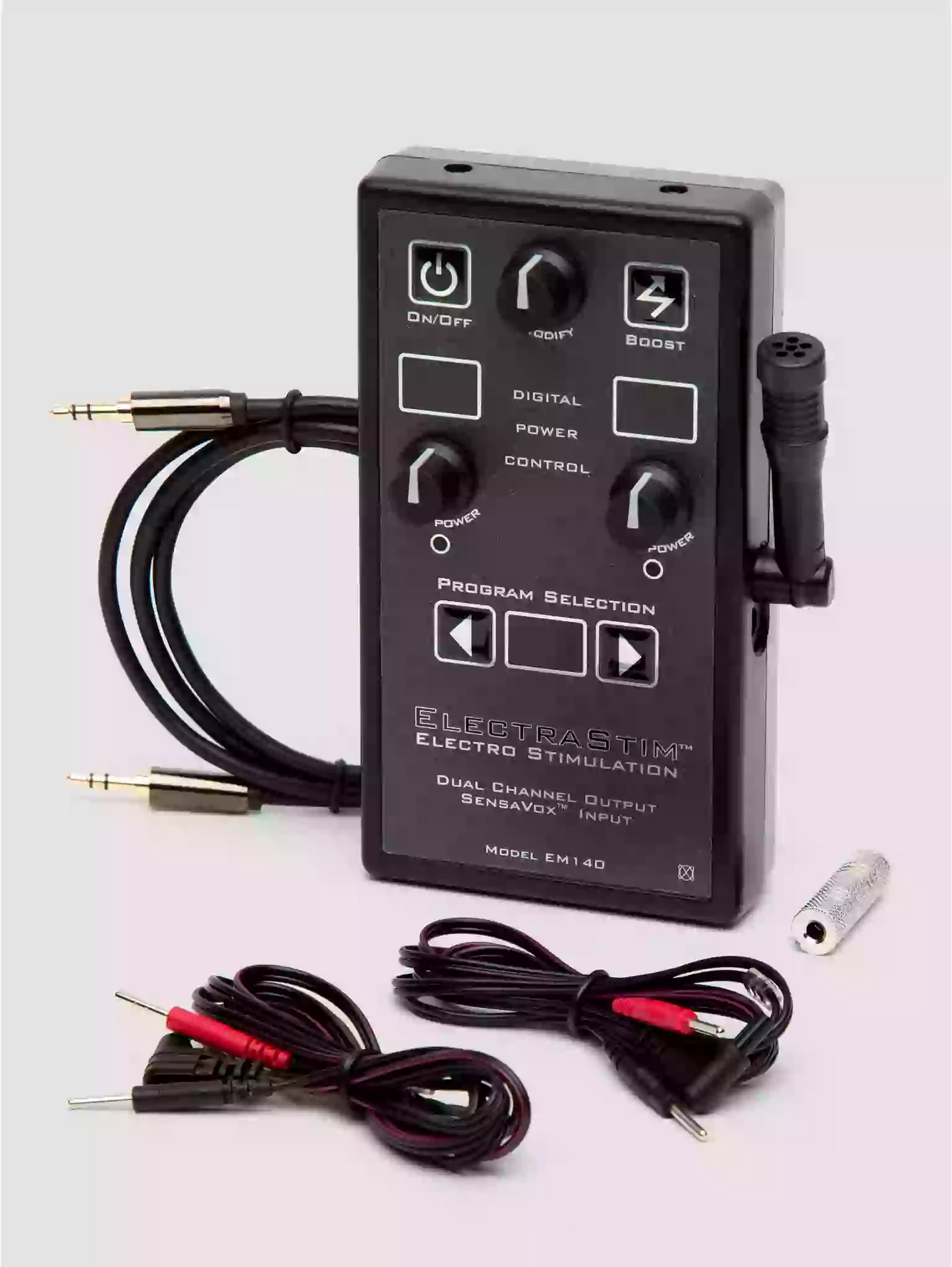 Electro-stimulation device with cables on a white background