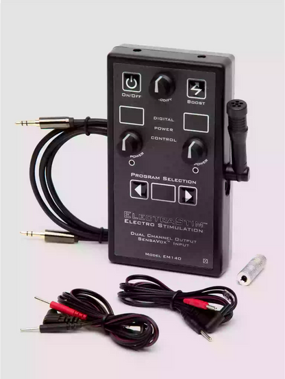 Electro-stimulation device with cables on a white background