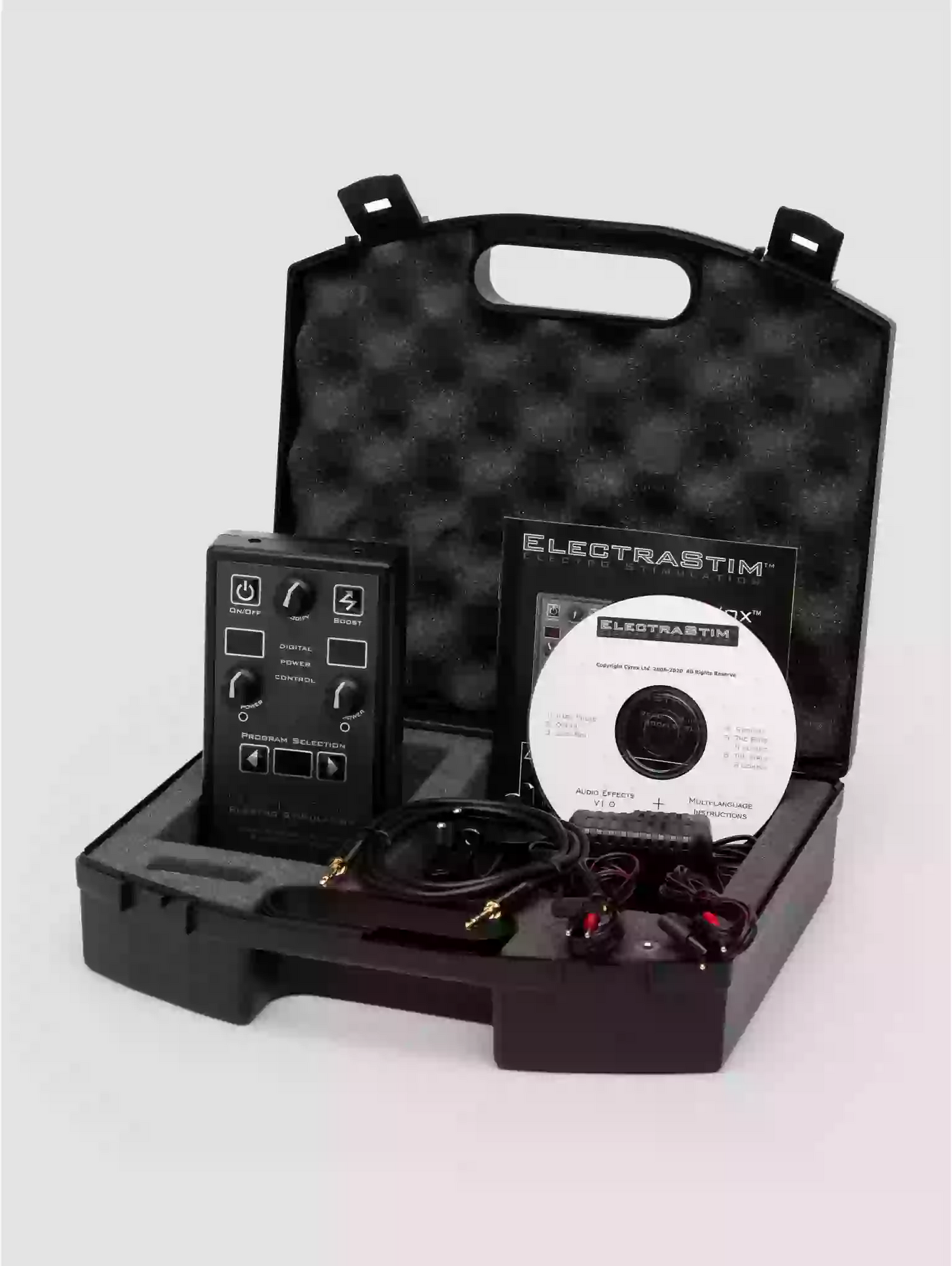 Electrostim product set with control panel, cable, and CD in a black carrying case on a white background.