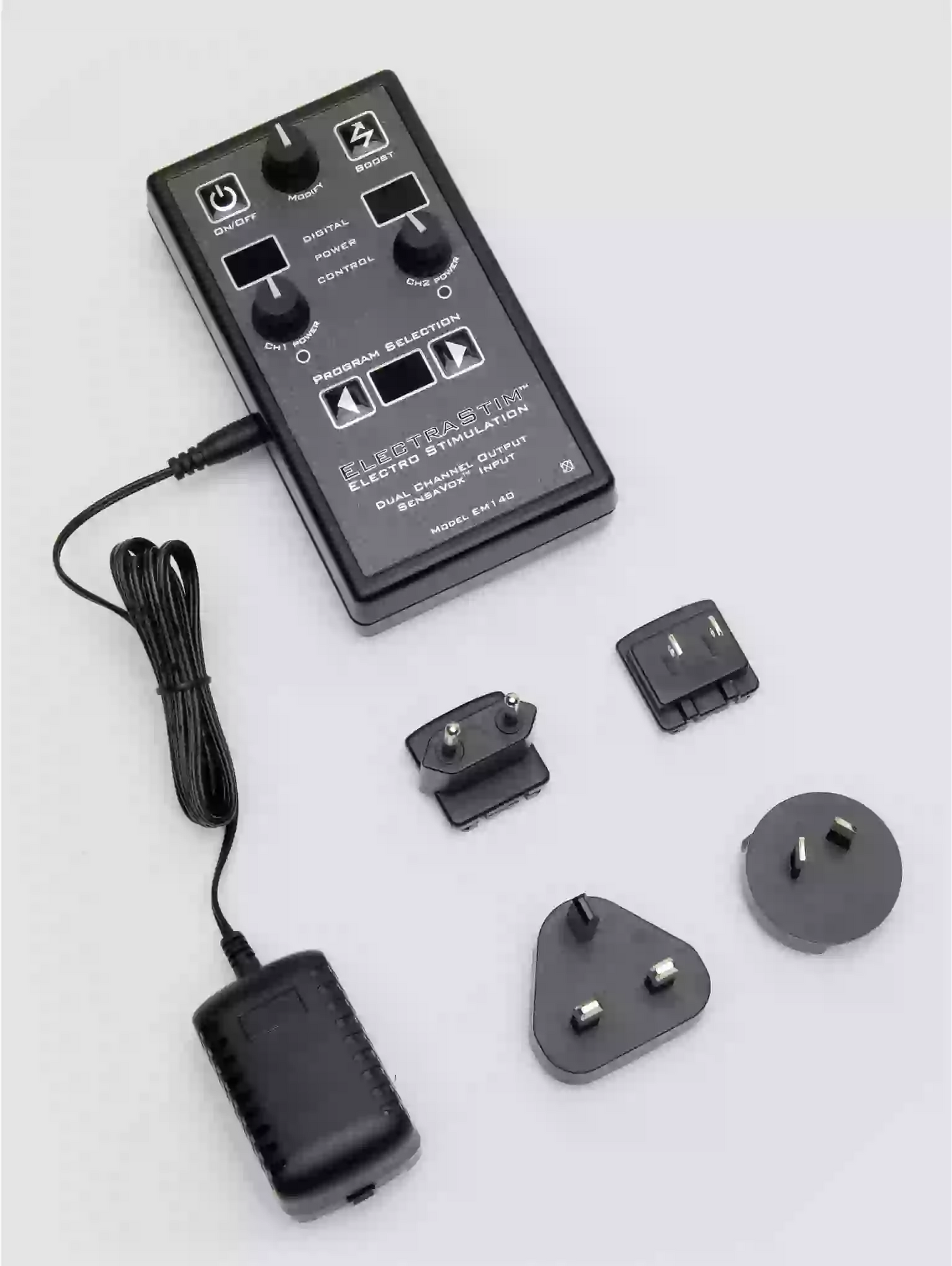 Electronics power adapter set with multiple plugs on a white background