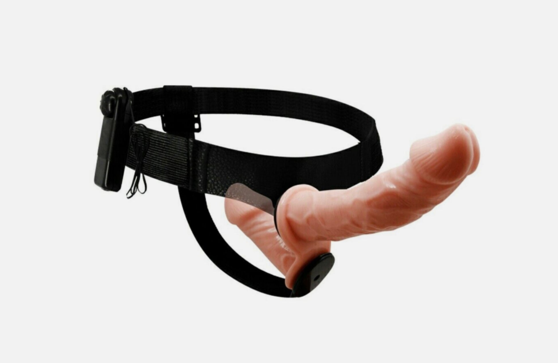 Black harness with silicone penises on a white background
