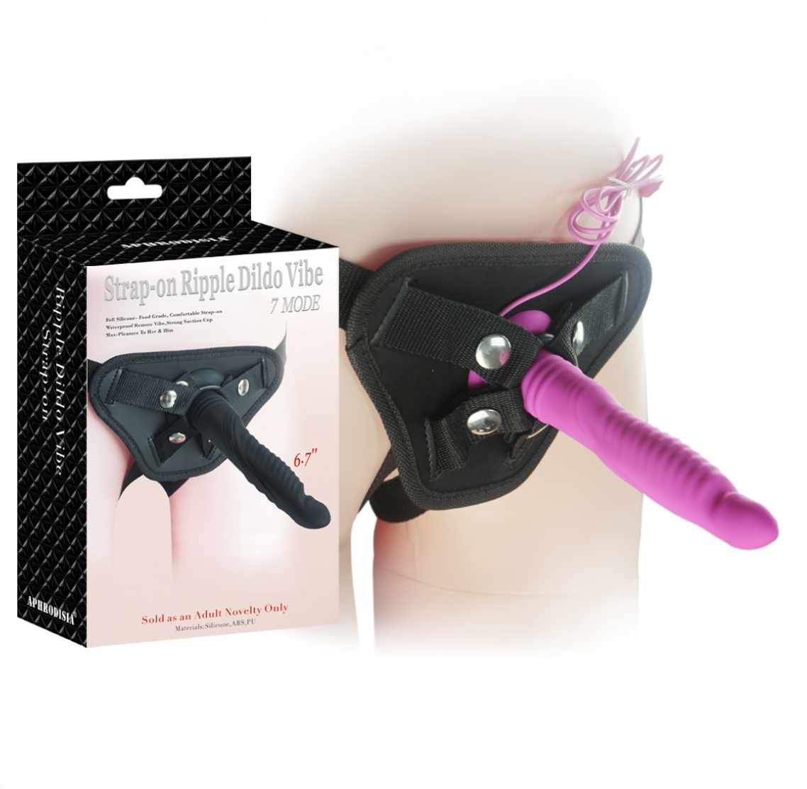 Strap-on Ripple Dildo Vibe with packaging on a white background