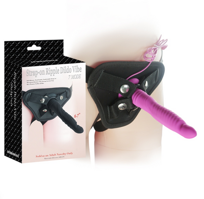 Strap-on Ripple Dildo Vibe with packaging on a white background