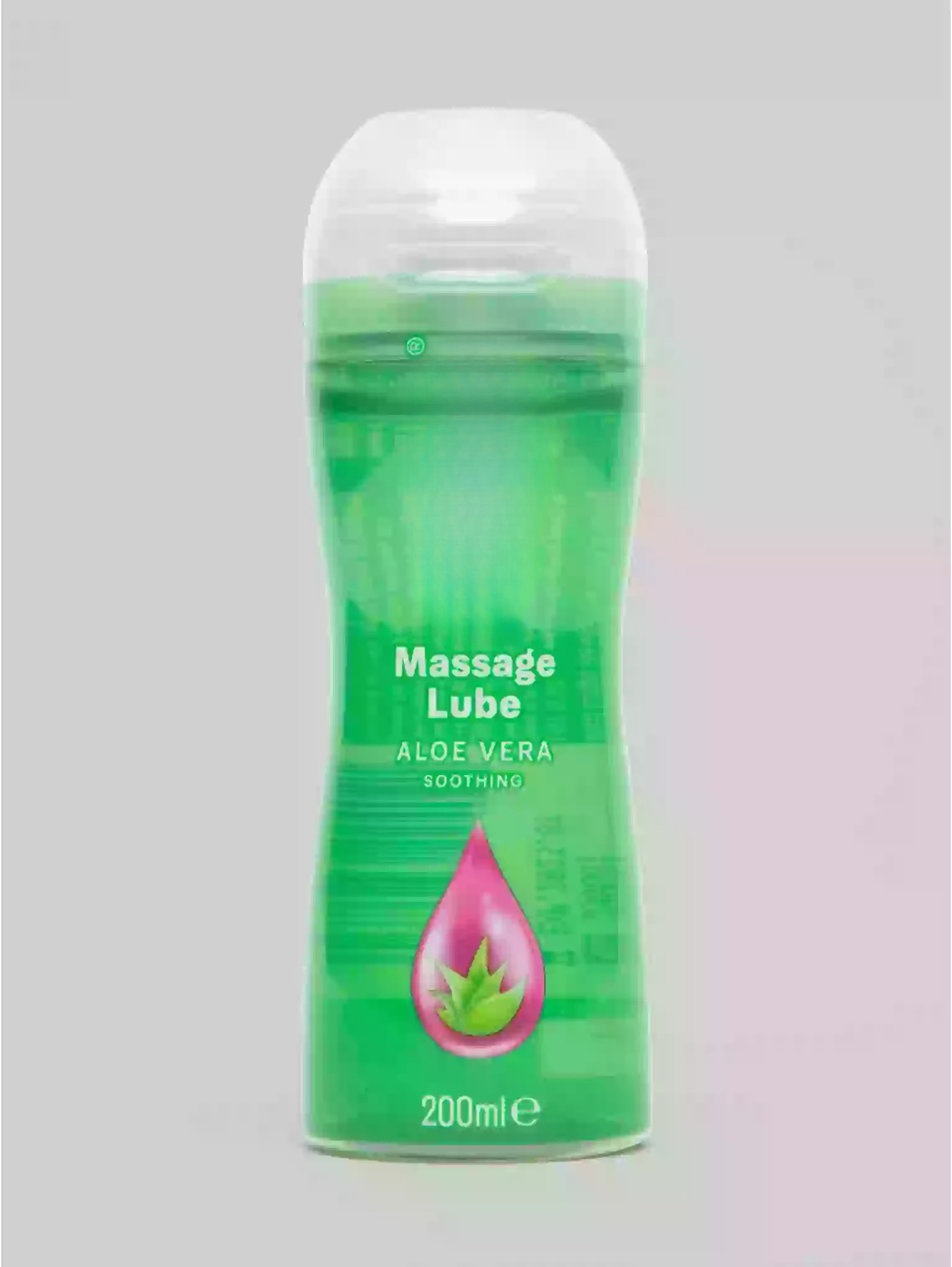 Bottle of massage lube with aloe vera on a gray background