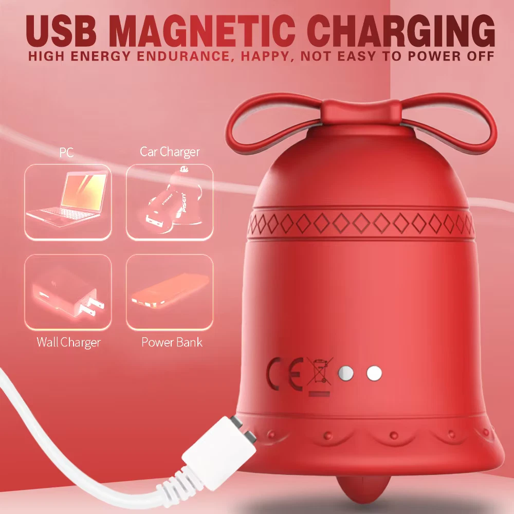 Red USB magnetic charging device with features listed on a pink background
