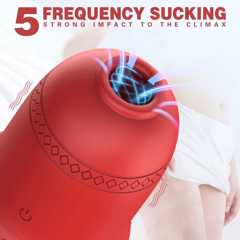 Red device with glowing blue elements on a white background, labeled '5 Frequency Sucking Strong Impact to the Climax'.