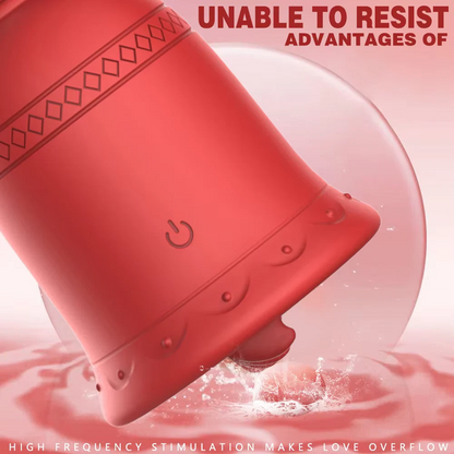 Red silicone product with water droplets on a pink background, text about high frequency stimulation.