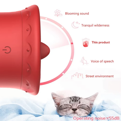 Red device with text about sound features and a cat sleeping on a blue blanket.