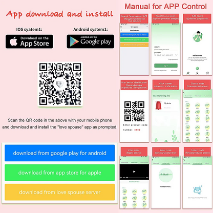 Instructions for downloading and installing an app on iOS and Android, with QR codes and app screenshots.