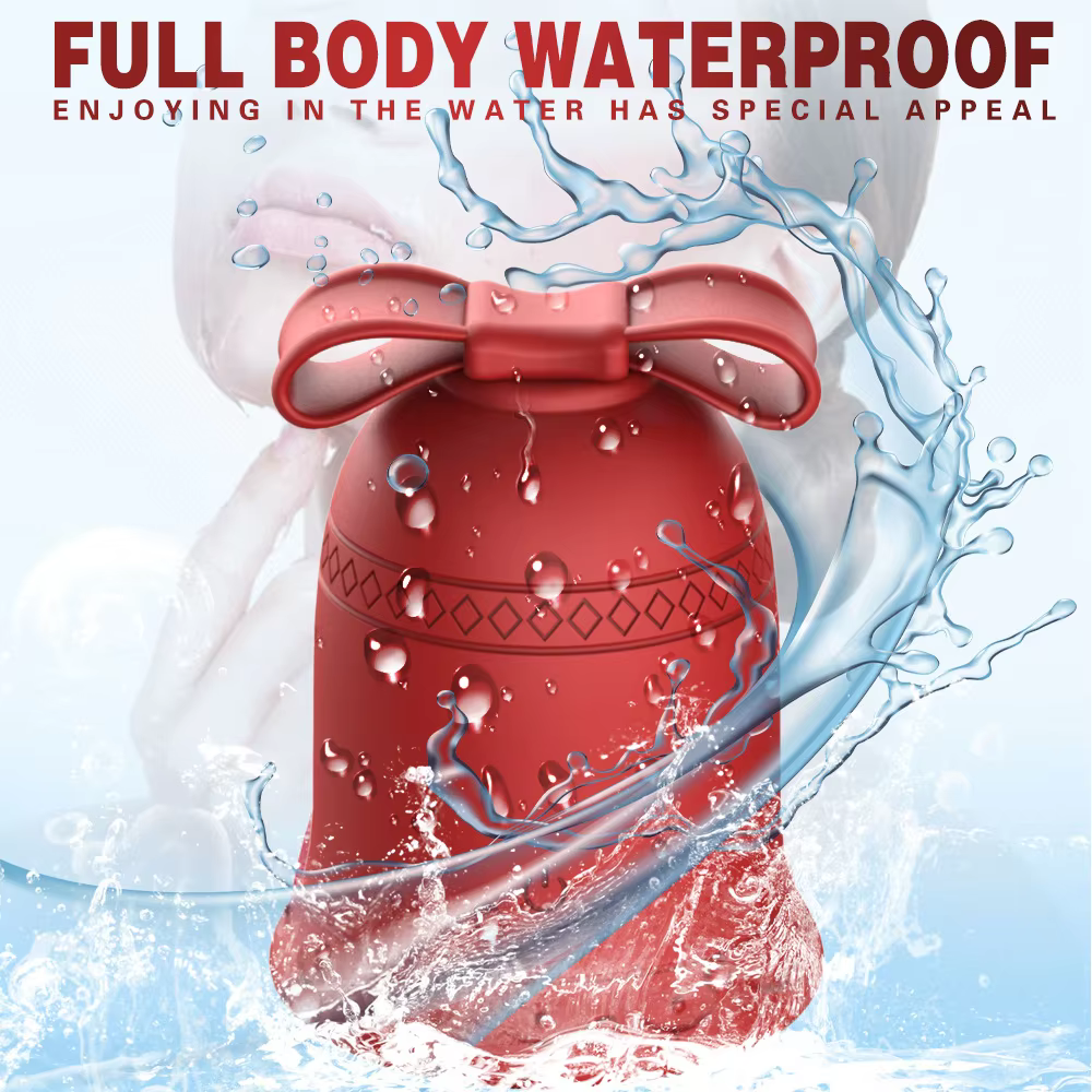Red waterproof product with water splashes and text about full body waterproof feature.