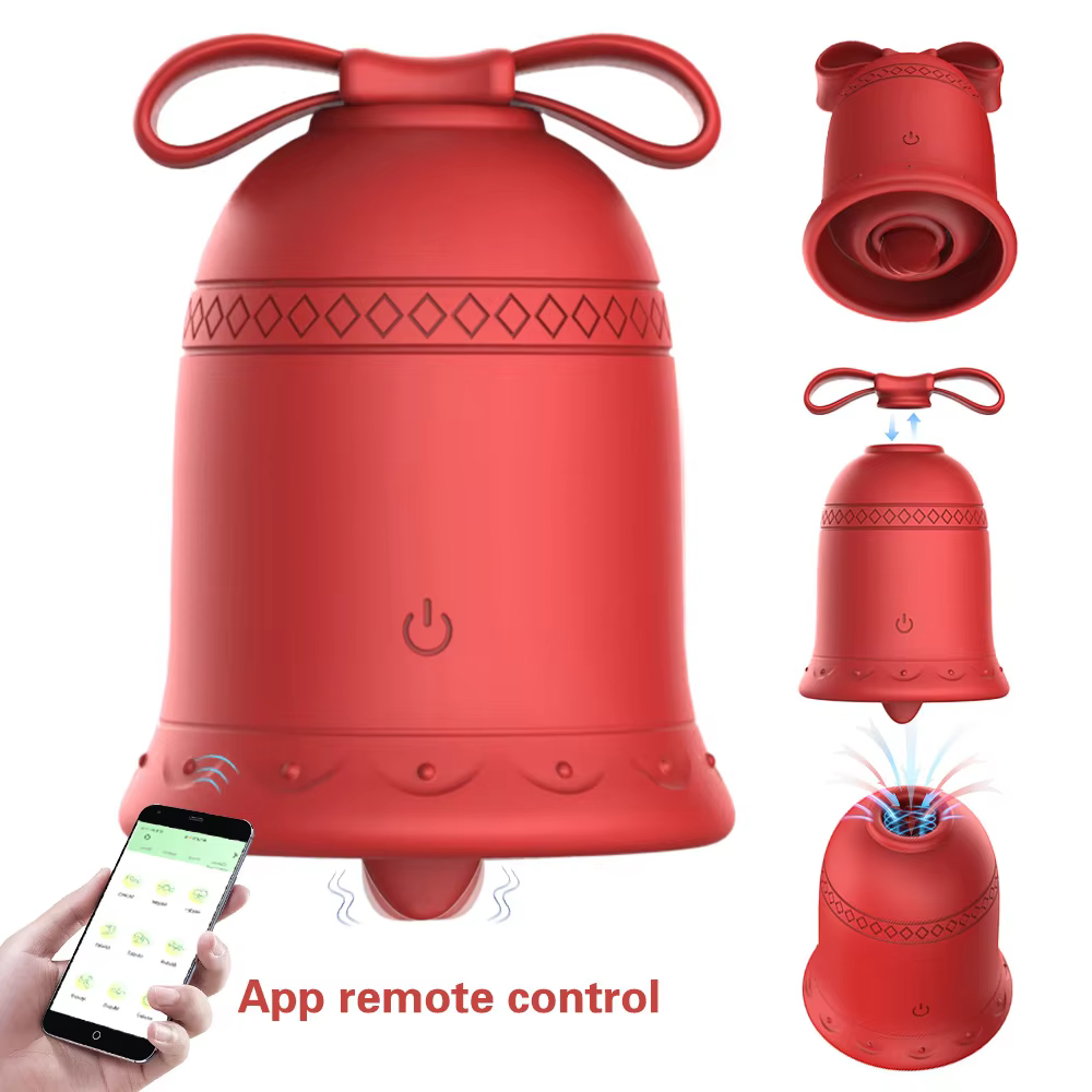 Red electronic device with bell shape and app remote control feature on a white background