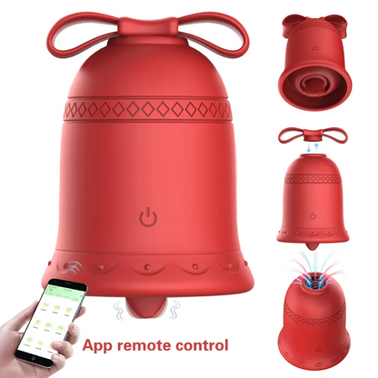 Red electronic device with bell shape and app remote control feature on a white background