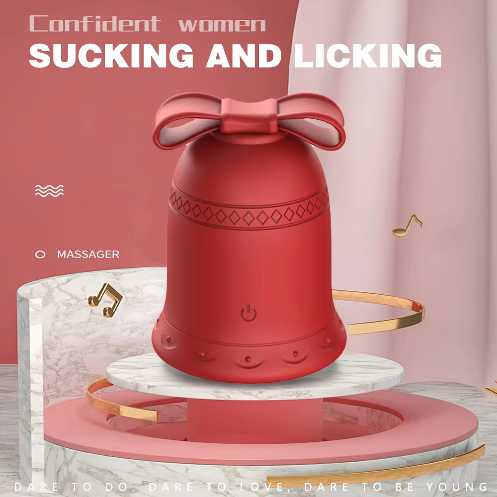 Red massage device with decorative bow on a pink background, text about confidence and actions.
