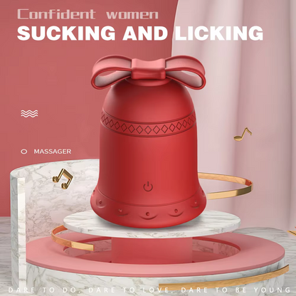 Red massage device with decorative bow on a pink background, text about confidence and actions.