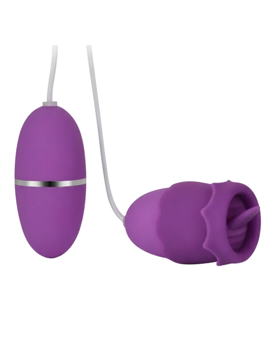 Purple electronic device with a cable on a white background