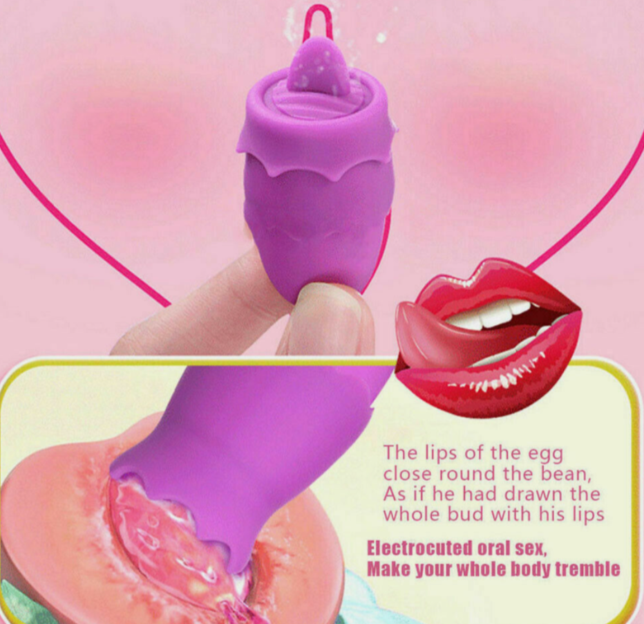 Purple silicone product held between fingers with a graphic of lips and text on a pink background