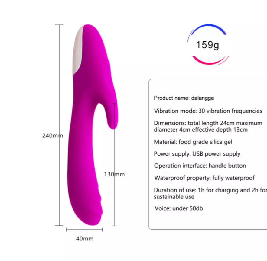 Purple and white toy with measurements and product details on a white background