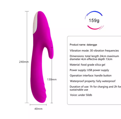 Purple and white toy with measurements and product details on a white background