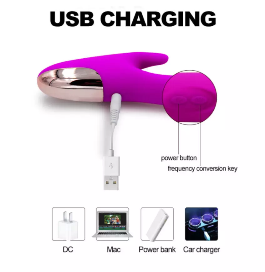 Purple electronic device with USB cable on a white background, labeled 'USB Charging'.