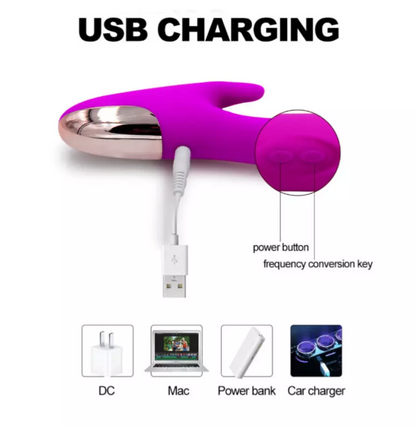 Purple electronic device with USB cable on a white background, labeled 'USB Charging'.